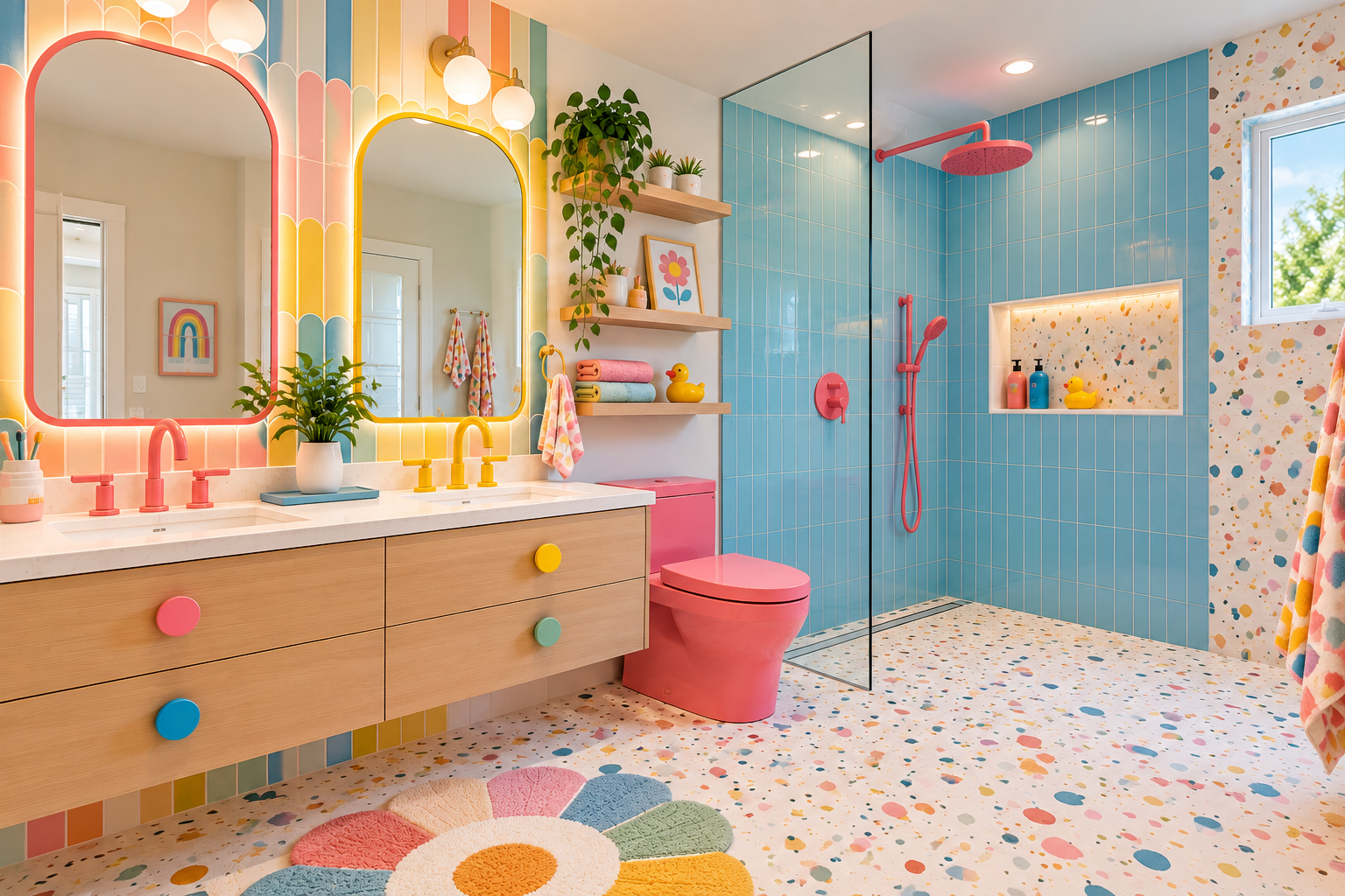 Colorful kids' bathroom with rainbow wall tile, a pink toilet, blue shower tile and terrazzo floor