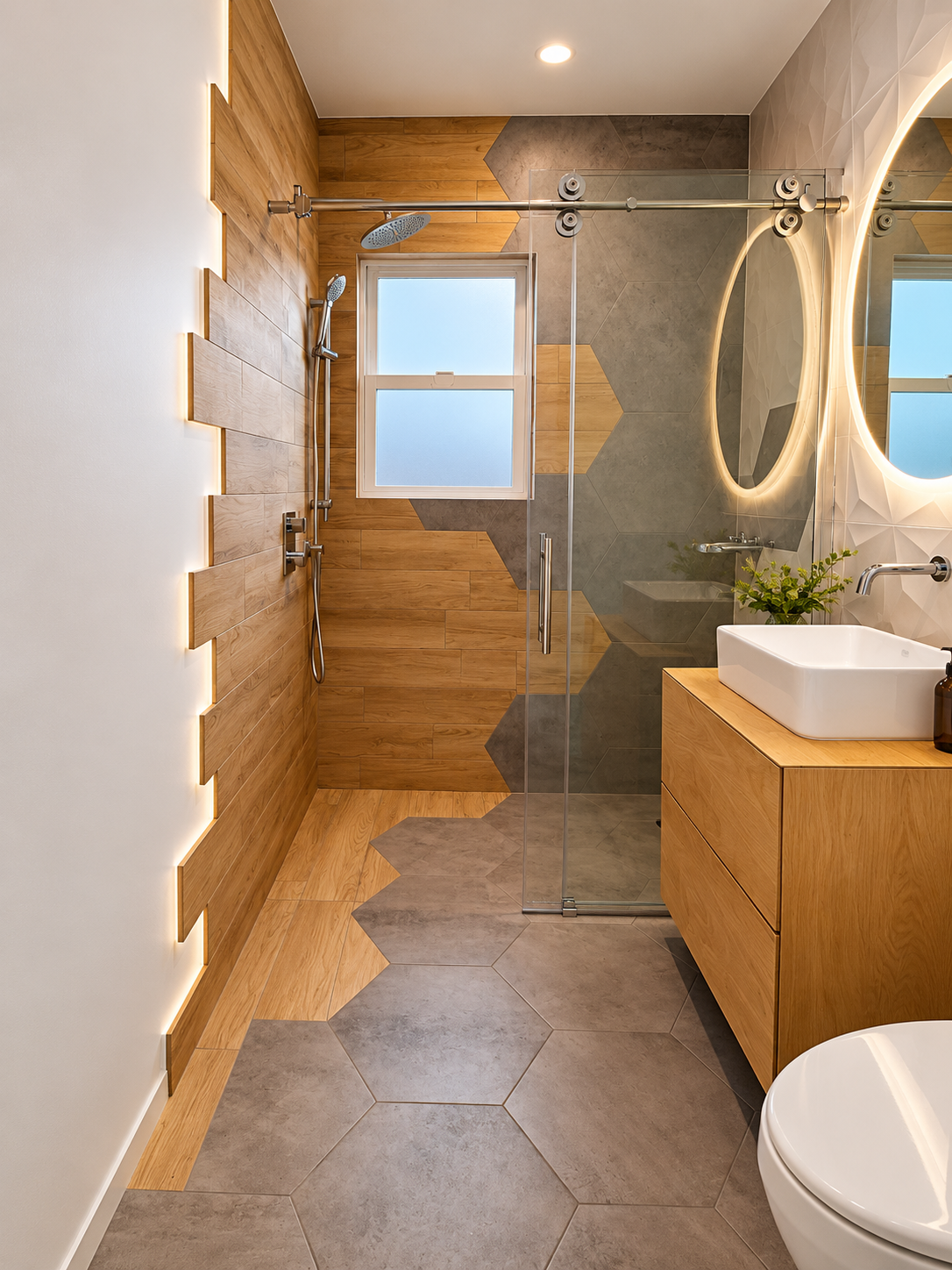 Stepless LIS shower with no curb or threshold — wood-look tile and large grey hexagonal tiles flow seamlessly from the bathroom floor into the glass-enclosed shower, with a wood vanity and backlit round mirrors